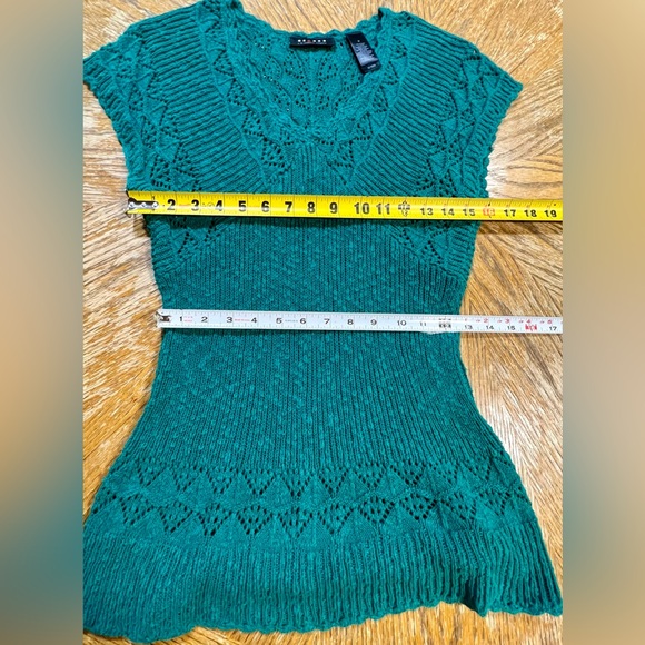 Jade teal open crochet knit sweater form fitted short sleeve tunic long length‎ - Picture 14 of 17